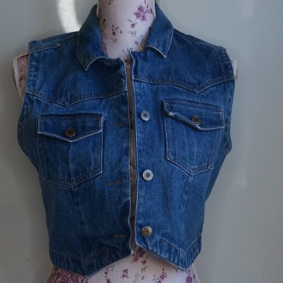 Ultra Pink Jackets & Blazers - Vintage 1980s Ultra Pink Cropped Denim Vest Blue